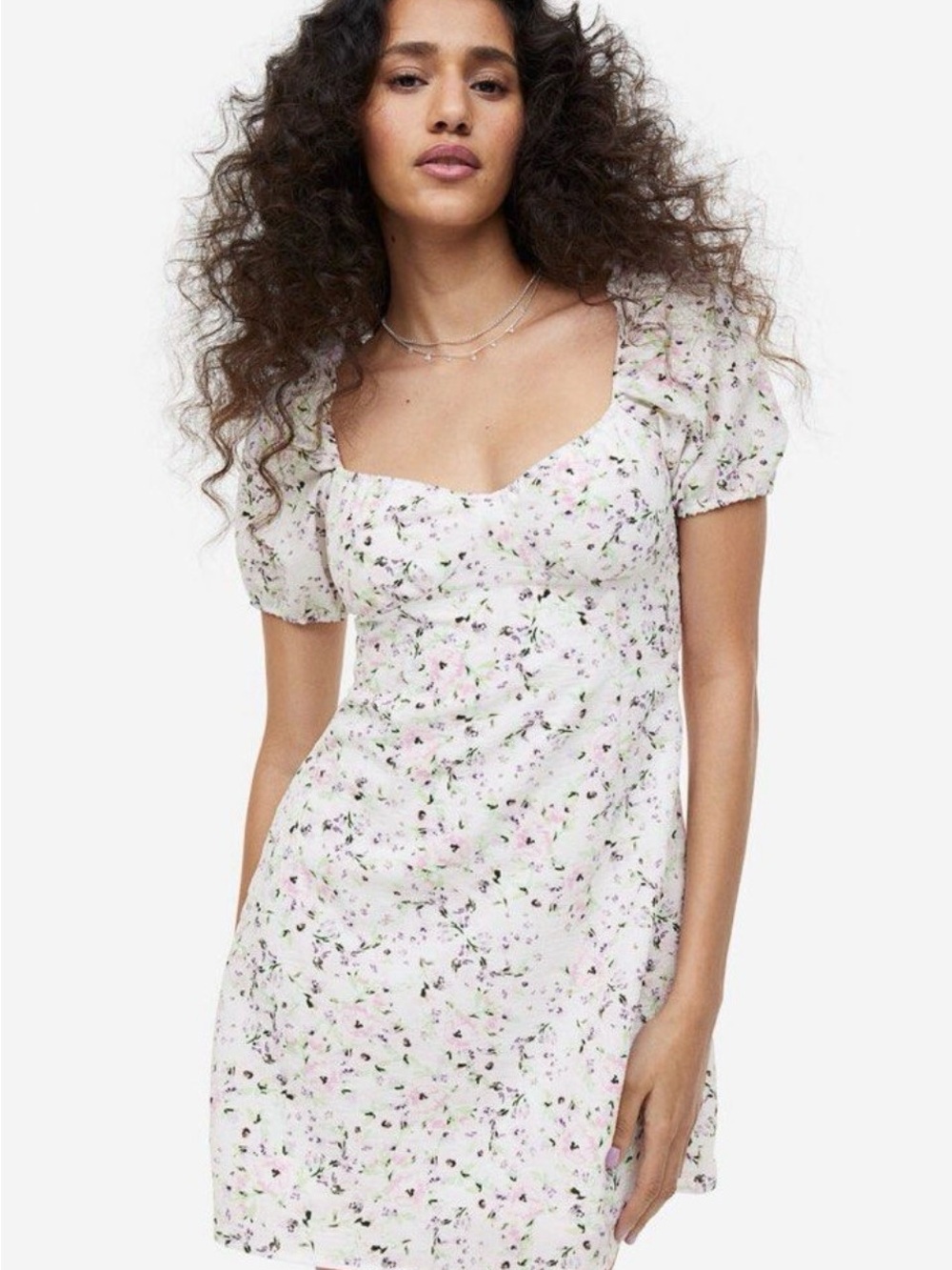 H&M White Floral Puff-Sleeve Mini Dress with Pink Accents
